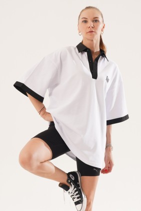 Kadın Oversize Beyaz Polo Yaka T-shirt