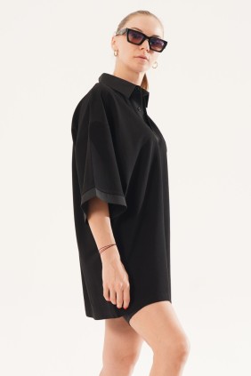 Kadın Oversize Siyah Polo Yaka T-shirt